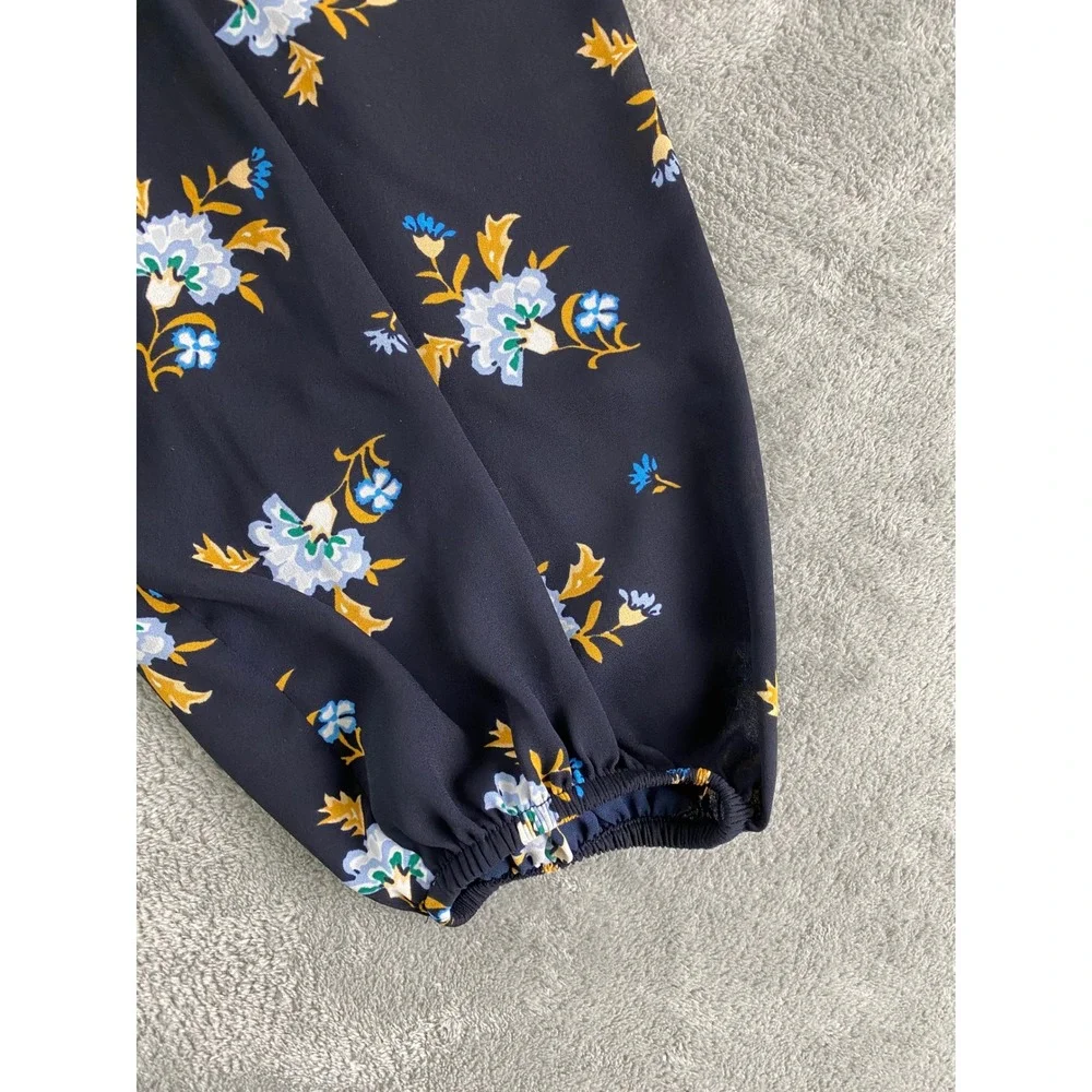 Loft Womens Navy Blue Floral Puff Sleeve Keyhole Back Blouse Top Size S